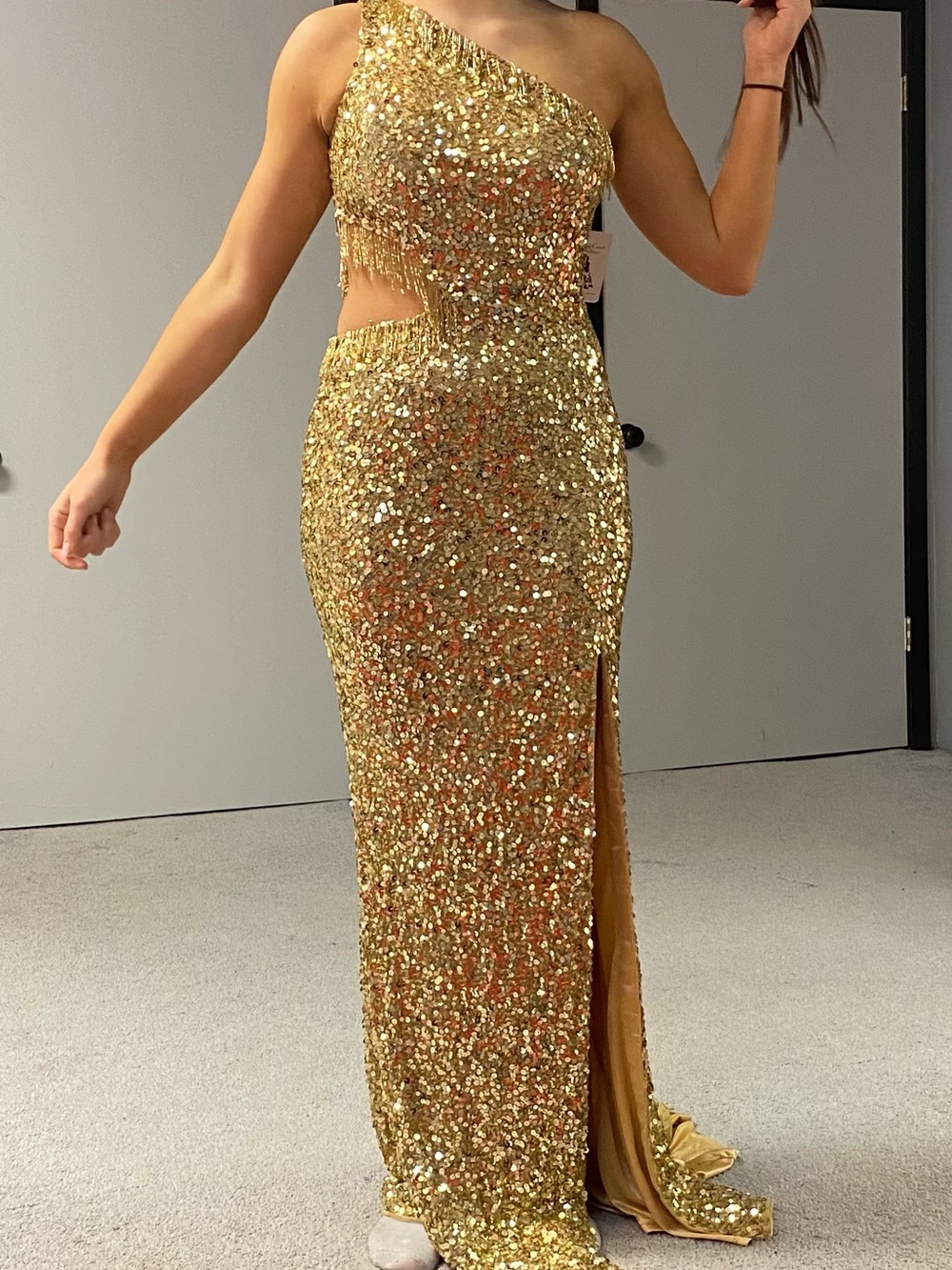Gold One-Shoulder Sequin Prom Gown with Side Cutout